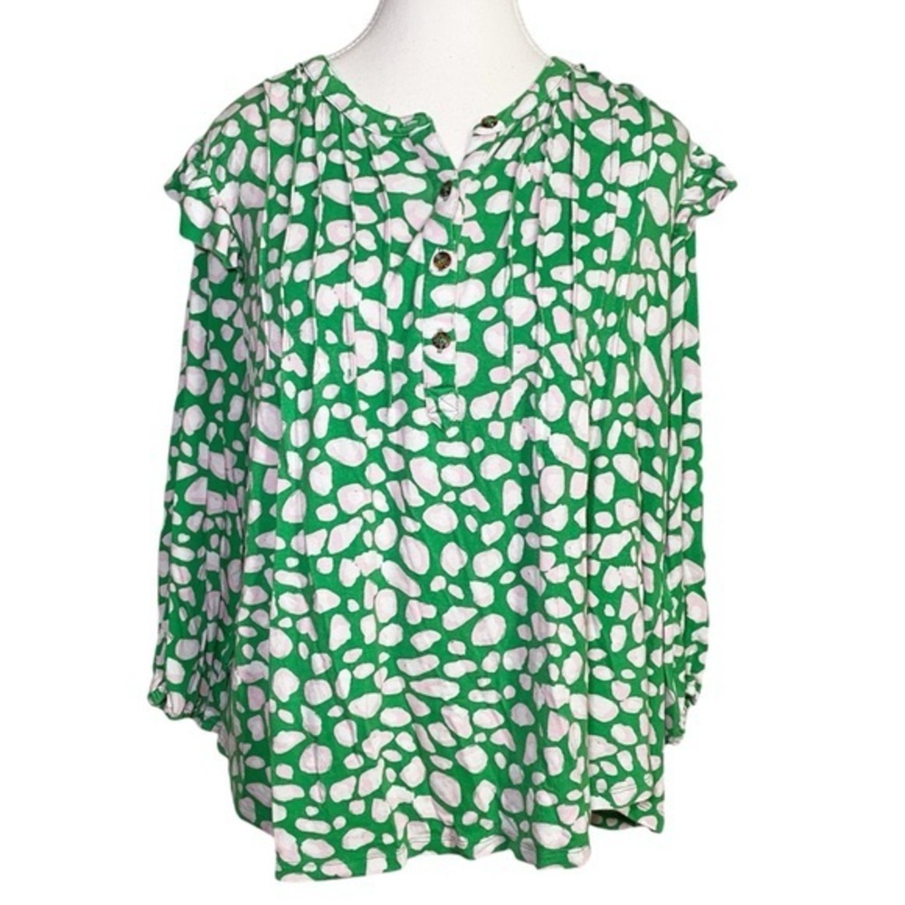 Crown & Ivy Green, White, and Light Pink Animal Print Long Sleeve Blouse
